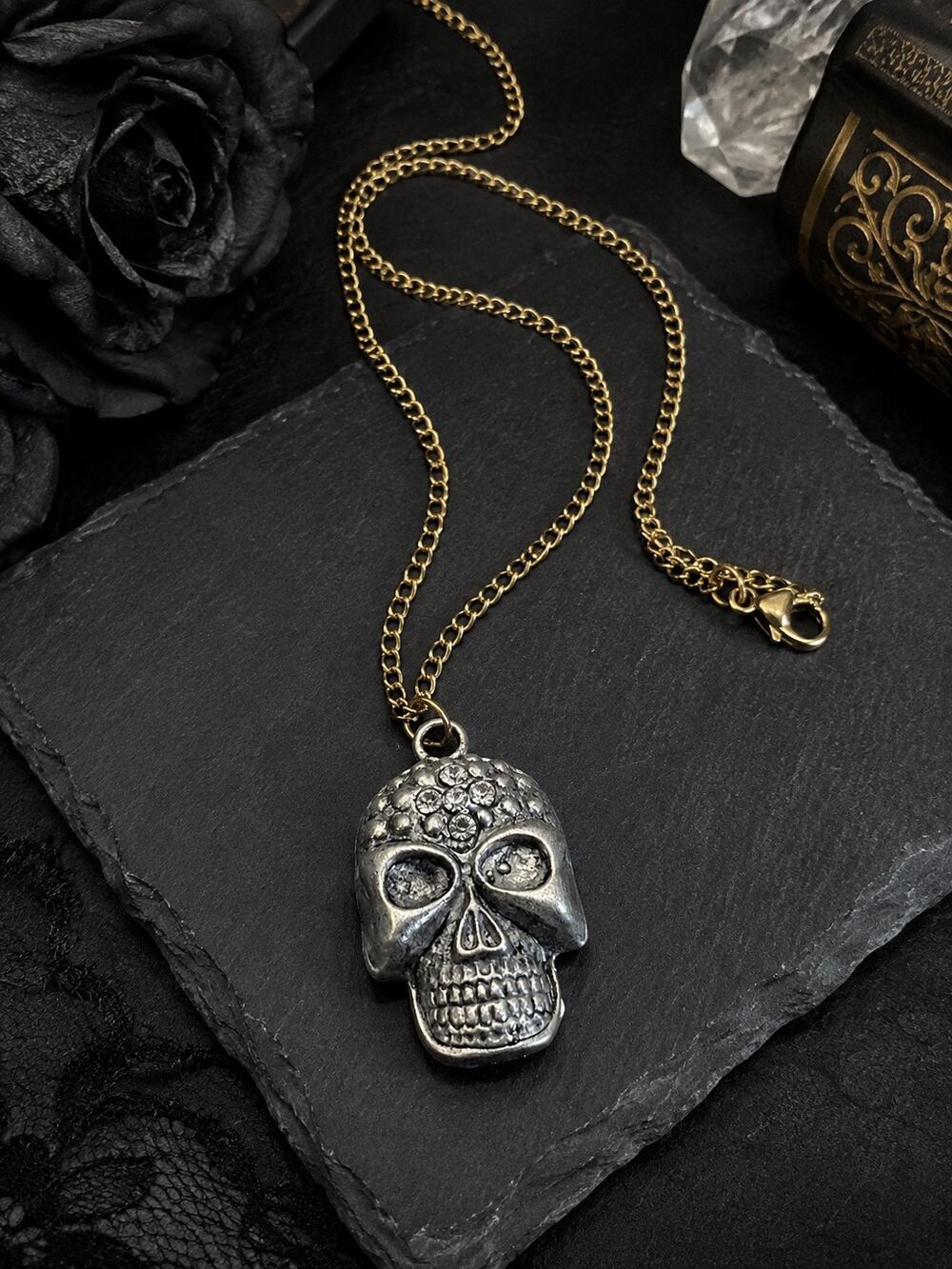 Silver Tone Skull Pendant Necklace Rhinestone Accent Gold Chain Goth Emo Punk